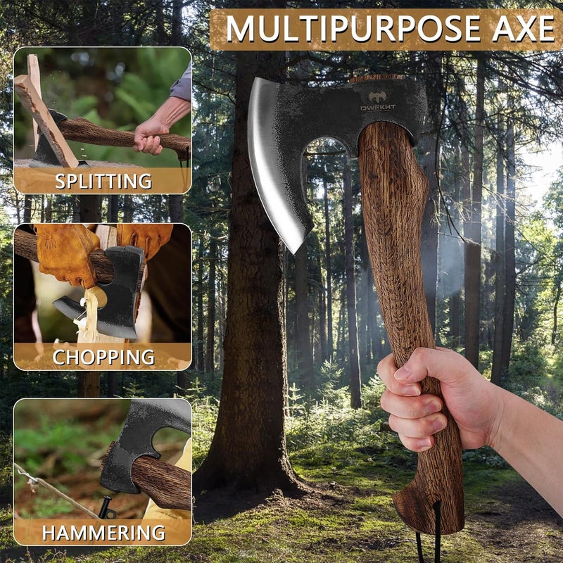 DWFKHT Hatchet, 15.7" Camping Axe with Leather Sheath, Bushcraft Axe with 1065 Carbon Steel & Beech Handle, Survival Hatchet for Wood Splitting and Chopping - Perfect for Gardening and Outdoor - Image 5